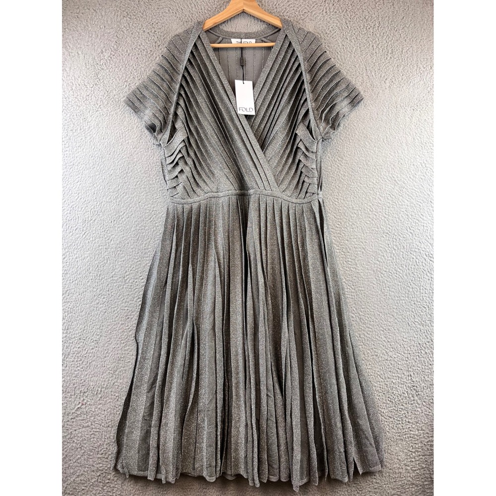 New The Fold London Nara Dress Neutral Pleated Metallic Midi Wrap V Neck 16